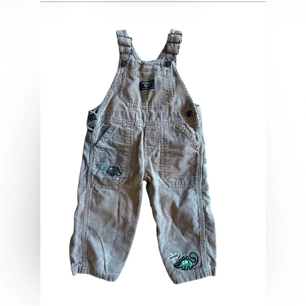 Oshkosh B’gosh Boy’s Size 12M  Tan Overalls w Dinosaurs Embroidery